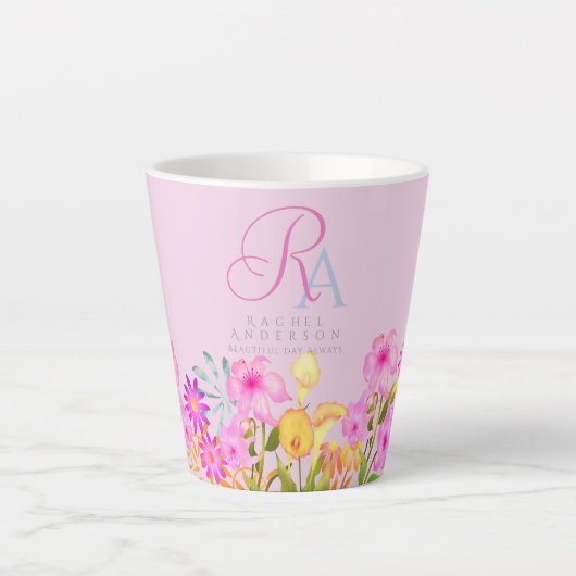 Bloementuin roze monogram latte mok (Voorkant)