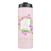 Bloementuin roze monogram thermosbeker (Voorkant)