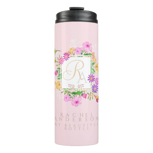 Bloementuin roze monogram thermosbeker (Voorkant)