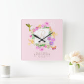Bloementuin roze monogram vierkante klok (Huis)