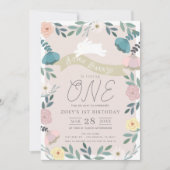 Bloementuin Roze Witte Bunny Meisje 1e verjaardag Kaart (Voorkant)