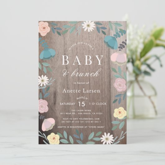 Bloementuin Rustiek Hout Meisje Brunch Baby shower Kaart (Staand voorkant)