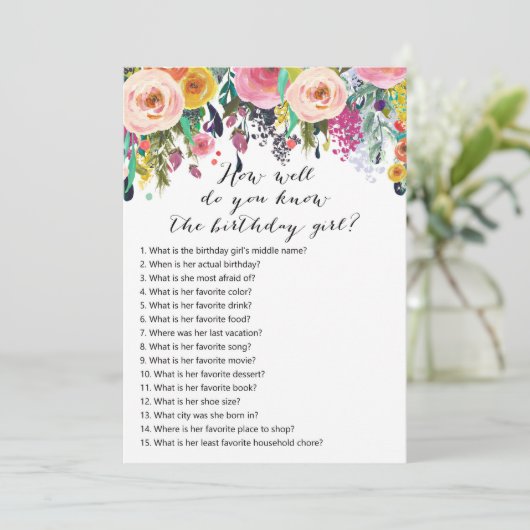 Bloementuin Verjaardag - Wie kent Verjaardagsmeisj Kaart (Staand voorkant)