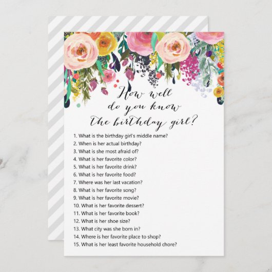 Bloementuin Verjaardag - Wie kent Verjaardagsmeisj Kaart (Voorkant / Achterkant)