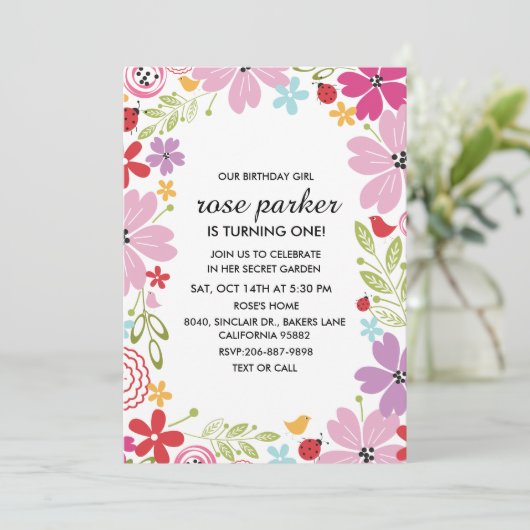 Bloementuin verjaardagsfeestje uitnodiging (Staand voorkant)