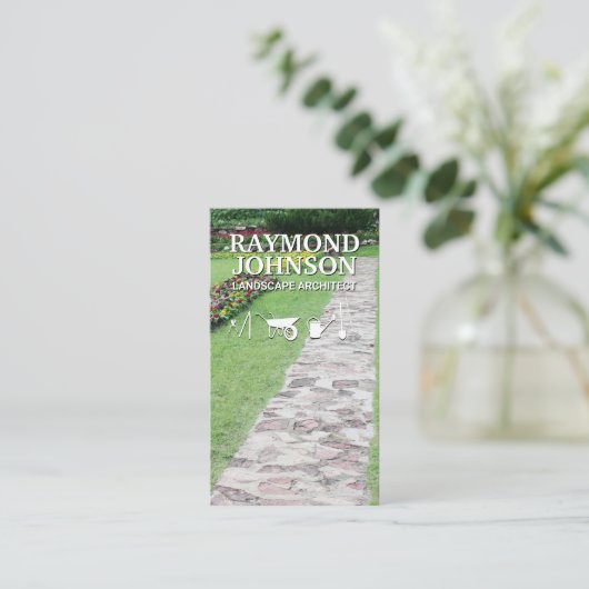 bloementuin | wandelpad | tuingereedschap visitekaartje (Staand voorkant)