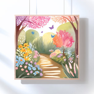 Bloementuin Whimsical Aquarel Schilderij Poster