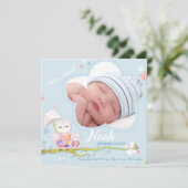 Bloemenuilen Blauwe Baby Boy Foto Geboorte Aankondiging (Staand voorkant)