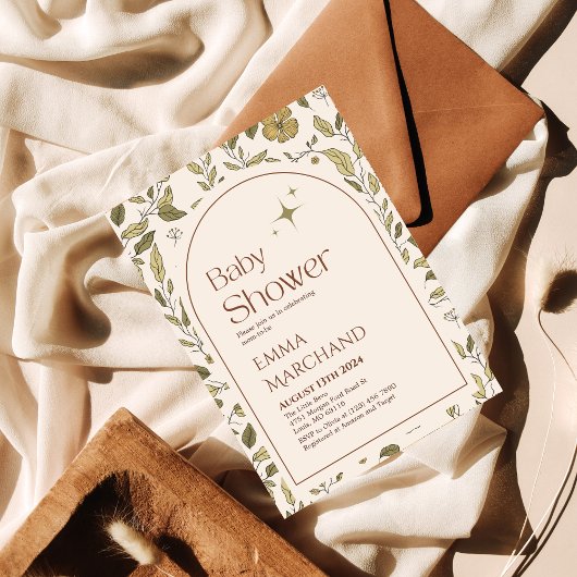 Bloemenuitnodiging voor baby shower, groene bohemi kaart