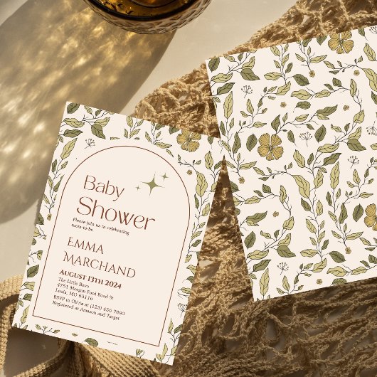 Bloemenuitnodiging voor baby shower, groene bohemi kaart