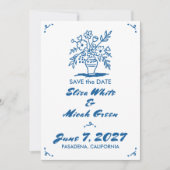 Bloemenvaas rustieke grillige schets blauw foto save the date (Voorkant)