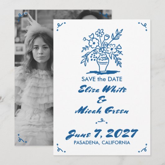 Bloemenvaas rustieke grillige schets blauw foto save the date (Voorkant / Achterkant)