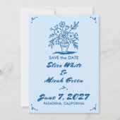 Bloemenvaas rustieke grillige schets blauw foto save the date (Voorkant)