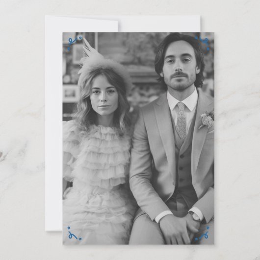 Bloemenvaas rustieke grillige schets blauw foto save the date (Achterkant)