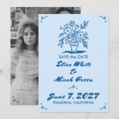 Bloemenvaas rustieke grillige schets blauw foto save the date (Voorkant / Achterkant)