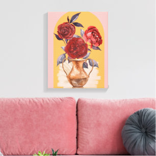 Bloemenvase - Rode Rozen - Ingepakt Canvas Afdruk