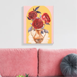 Bloemenvase - Rode Rozen - Ingepakt Canvas Afdruk