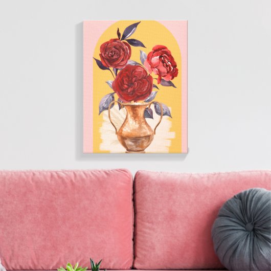 Bloemenvase - Rode Rozen - Ingepakt Canvas Afdruk (Insitu (Woonkamer))