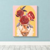 Bloemenvase - Rode Rozen - Ingepakt Canvas Afdruk (Insitu (Houten vloer))