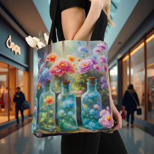 Bloemenvazen gevuld met prachtige, levendige bloem tote bag