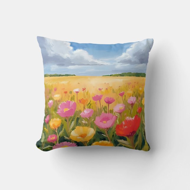 Bloemenveld Landschap Schilderen Aquarel Kussen (Voorkant)