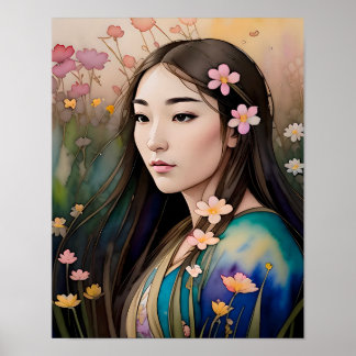 Bloemenveld Mooie vrouw bloemen in haar Poster