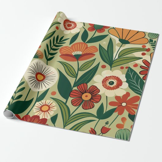 Bloemenveld Retro Aangepast patroon Cadeaupapier (Uitgerold)