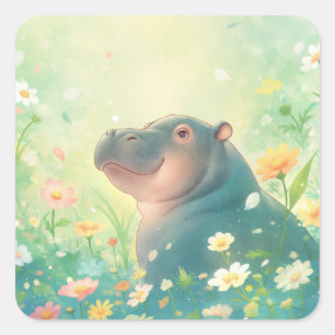 Bloemenvelden en Happy Hippo Vierkante Sticker