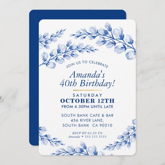 BLOEMENVERJAARDAGSFEESTJE UITNODIGEN  porseleinbla Kaart (Voorkant / Achterkant)