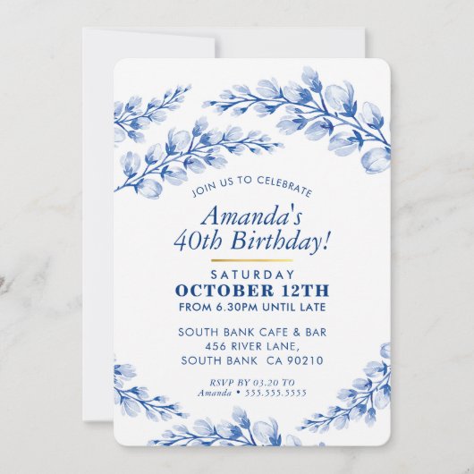 BLOEMENVERJAARDAGSFEESTJE UITNODIGEN porseleinbla Kaart (Voorkant)