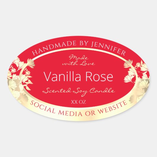 Bloemenverpakkingsetiket Sjabloon Rood & Goud Ovale Sticker (Voorkant)