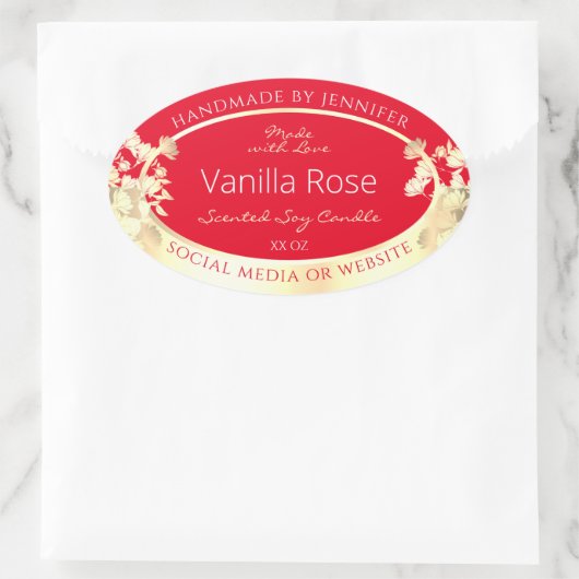 Bloemenverpakkingsetiket Sjabloon Rood & Goud Ovale Sticker (Tas)