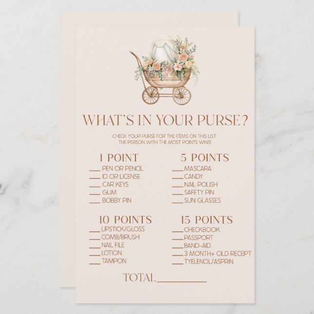 Bloemenvervoer Wat is er in Purse Baby shower spel (Voorkant / Achterkant)
