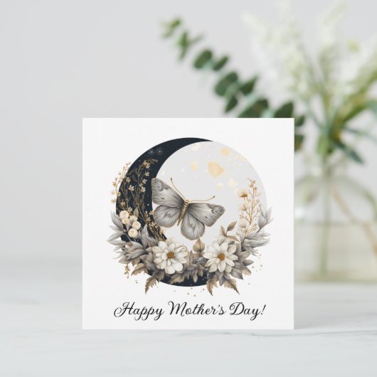 Bloemenvlinder en Maan Gelukkige Moederdag Feestdagenkaart (Staand voorkant)