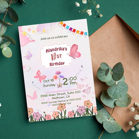 Bloemenvlinder roze & wit 1e moderne verjaardag kaart