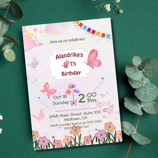 Bloemenvlinder roze & wit 4e moderne verjaardag kaart