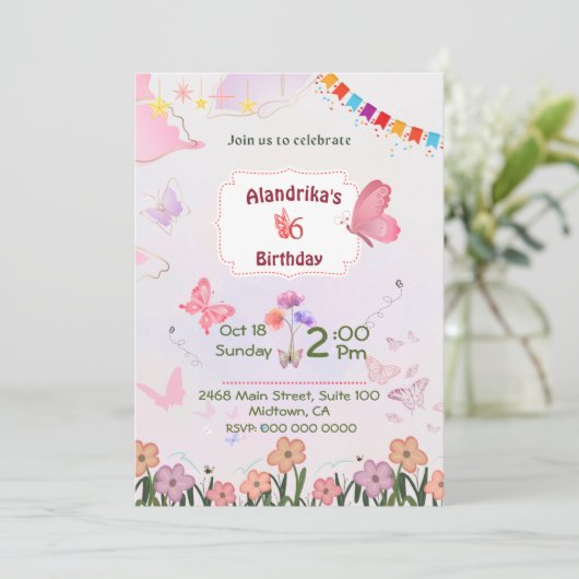 Bloemenvlinder roze & wit 5e moderne verjaardag kaart (Staand voorkant)