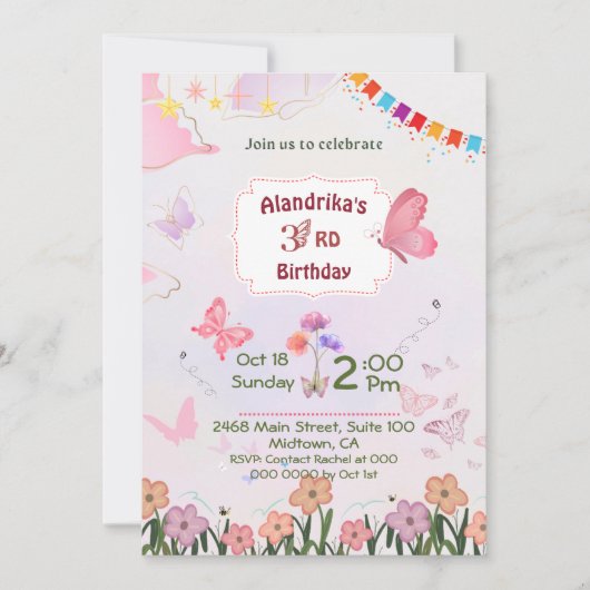 Bloemenvlinder roze & wit schattig 3e verjaardag kaart (Voorkant)