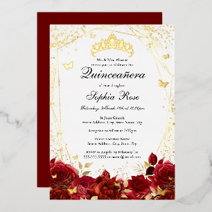 Bloemenvlinder tiara rood goud quinceanera folie uitnodiging