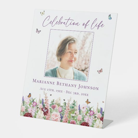 Bloemenvlinders Memorial Viering van het leven Reclamebord Met Voetstuk (Voorkant)