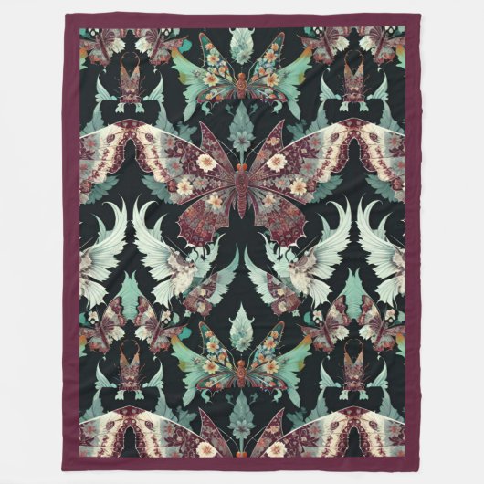 Bloemenvlinders Patroon in Bourgondië en Blauwgroe Fleece Deken (Voorkant)