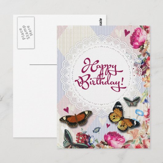 Bloemenvlinders verjaardag briefkaart (Voorkant / Achterkant)