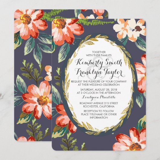 Bloemenvloot en gouden vintage bruiloft kaart (Voorkant / Achterkant)