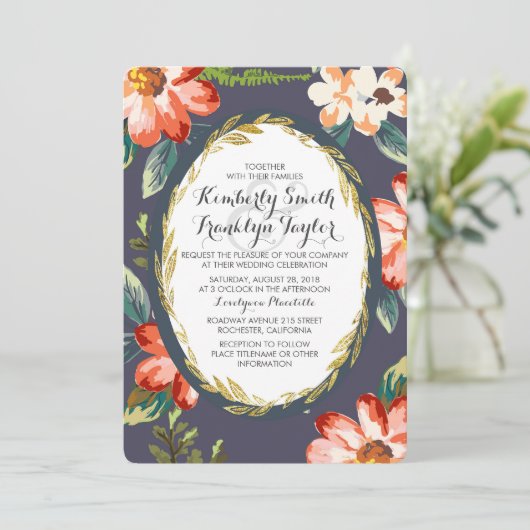 Bloemenvloot en gouden vintage bruiloft kaart (Staand voorkant)