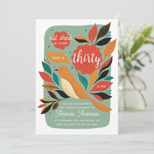 Bloemenvogel 30ste verjaardagsfeestje. Eet drink d Kaart (Staand voorkant)
