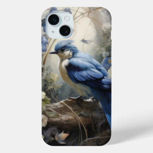 bloemenvogel in blues en crème iPhone 15 mini hoesje