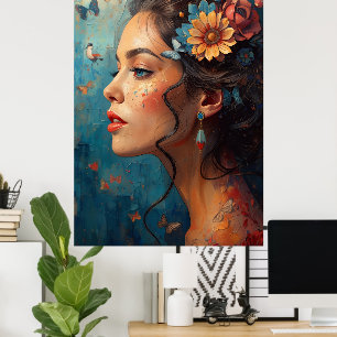Bloemenvrouw Portret Kunstposter Vlinders & B Poster