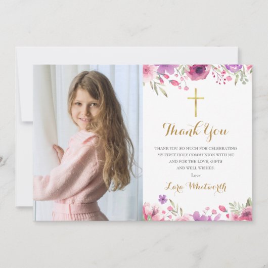 Bloemenweide Bloem Eerste Heilige Communie Foto Bedankkaart (Voorkant)