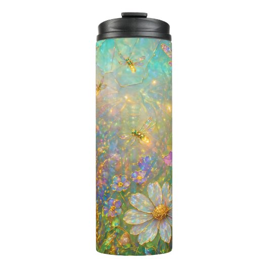 Bloemenweide met gloeiende libellen thermosbeker (Voorkant)