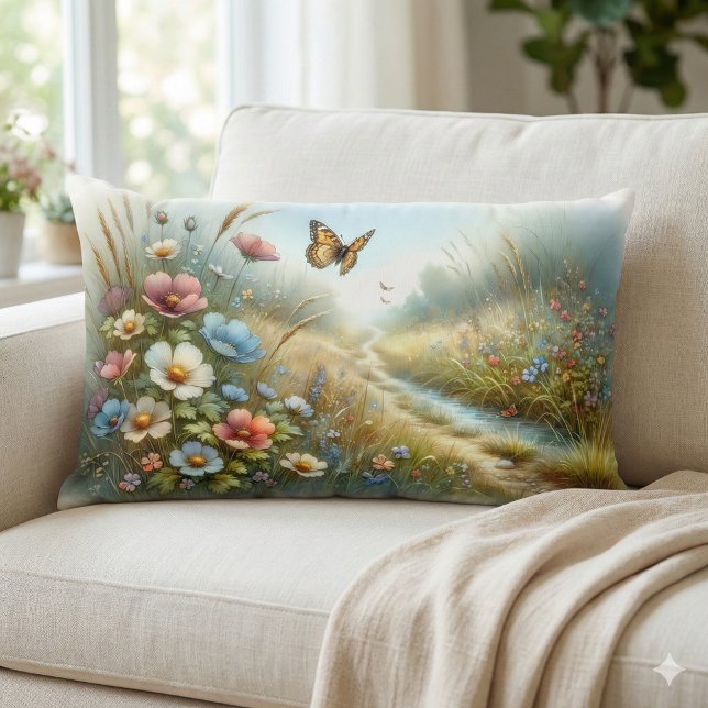 Bloemenweide Vlindertuin Kussen (Wildflower Meadow Butterfly Garden Art Lumbar Pillow Mockup A)